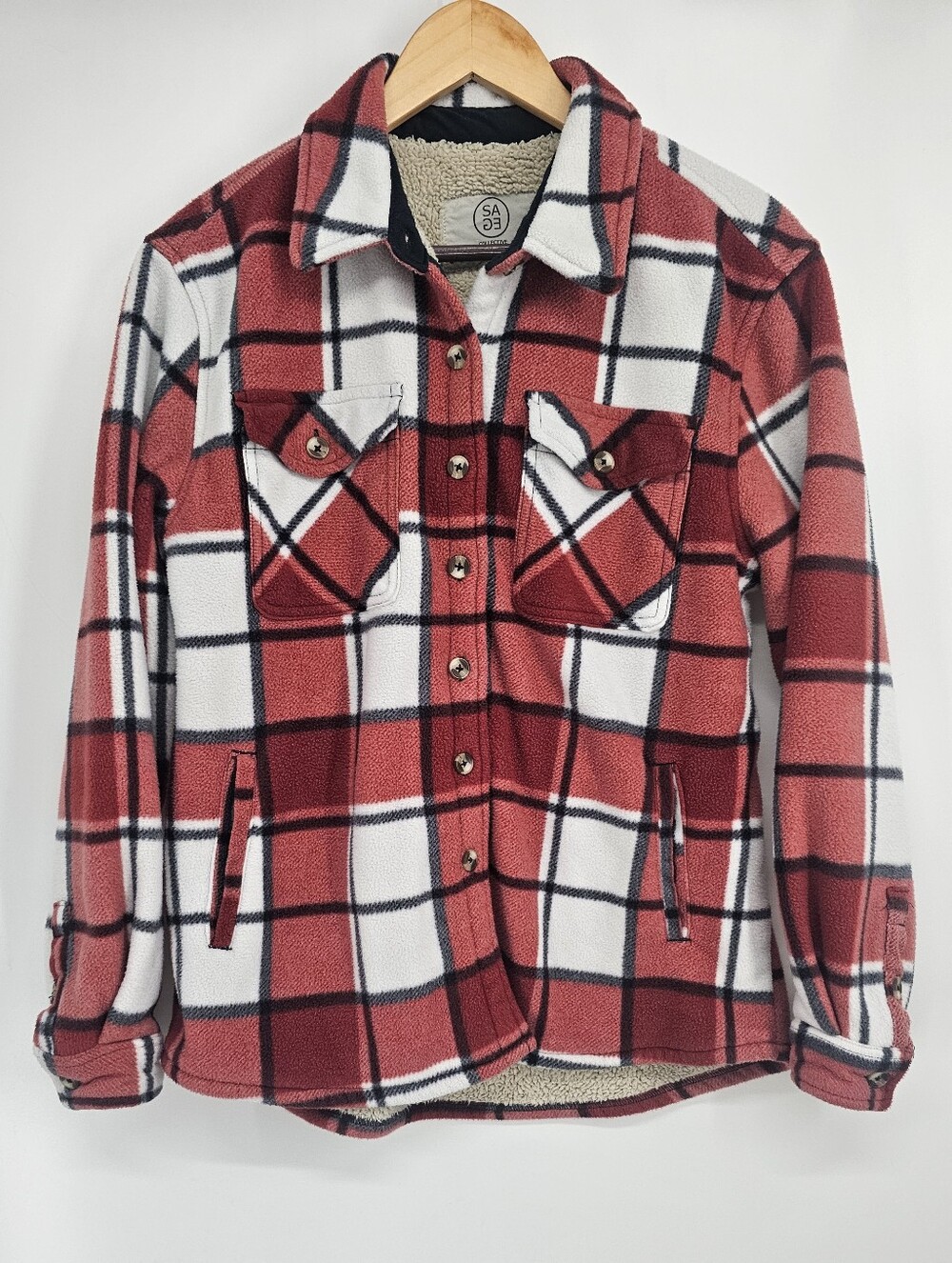 SAGE Collective Red Plaid Sherpa Lined Fleece Shacket Jacket M